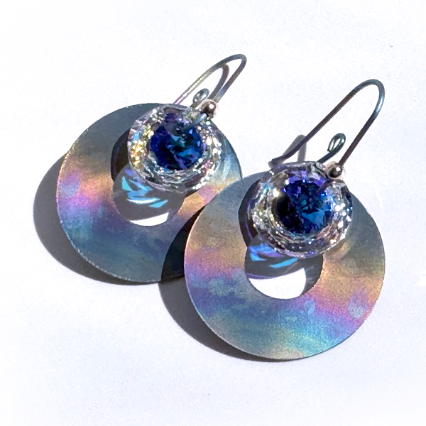 Rainbow Circular Hoop Titanium Earrings with Crystals in colors purple and yellow iridescent - handmade by Artist Lisa Ramos | MONOLISA Jewelry