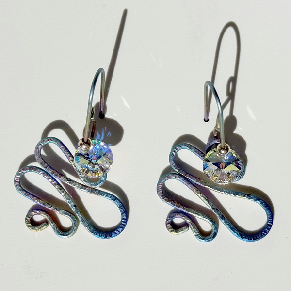 Titanium Textured Sculpted Rainbow Crystal Earrings - Yellow Irridescent Crystal 