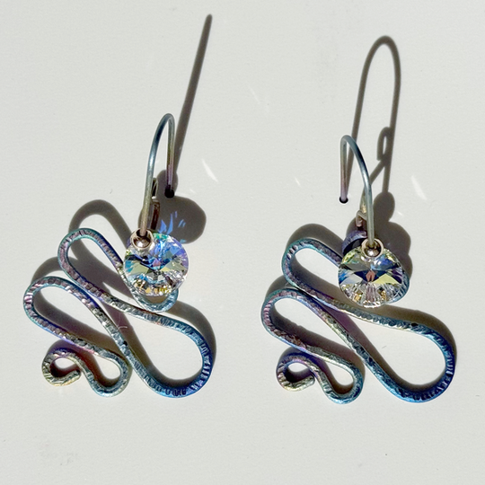 Titanium Textured Sculpted Rainbow Crystal Earrings - Yellow Irridescent Crystal 