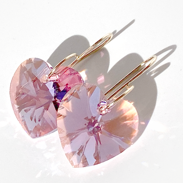 Shimmering Large Size Crystal Heart Earrings - Pink Sparkle