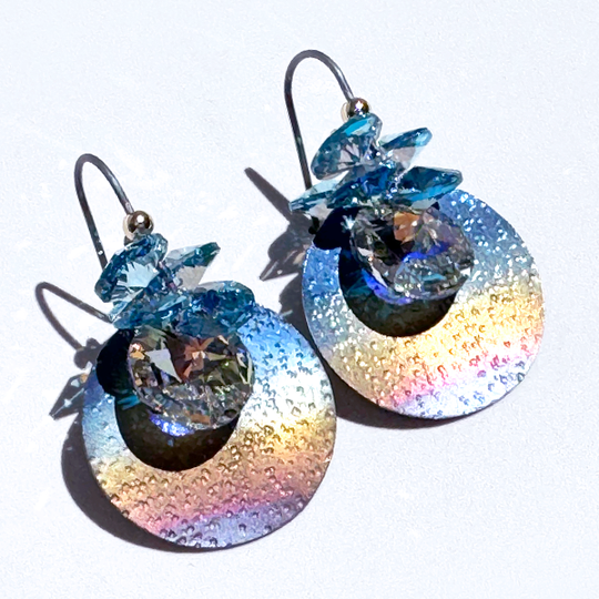 Rainbow Circular Titanium Earrings with Cascading Crystals in colors blue and yellow iridescent - handmade by Artist Lisa Ramos | MONOLISA Jewelry