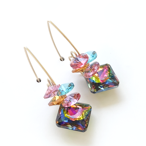 14k Gold Filled Versatile Scroll Design Princess Cluster Crystal Earrings  - Rainbow