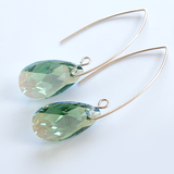 14k Gold Filled Classic Scroll Design Long Crystal Earrings - Green Sparkle