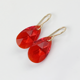 Red Crystal Pear Earrings - 14k Gold