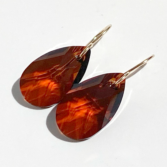 14k Gold Filled Classic Pear Crystal Earrings  - Amber Color