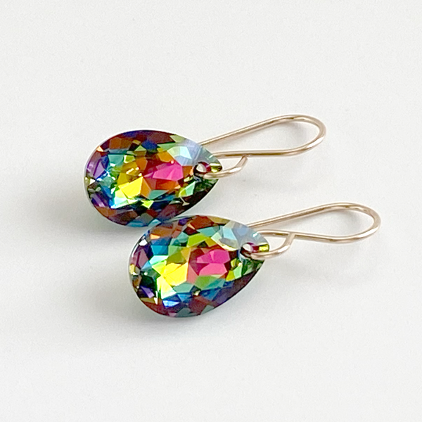 14k Gold Filled Elegant Crystal Modern Pear Earrings - Rainbow