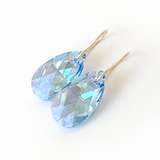 14k Gold Elegant Crystal Pear Earrings - Aquamarine Color