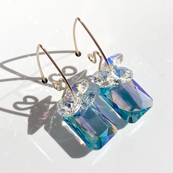 14k Gold Filled Elegant Scroll Emerald Cut Crystal Cluster Earring Collection - Aquamarine