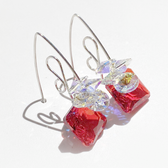 Argentium Silver Versatile Short Scroll Design Princess Cluster Crystal Earrings - Red