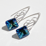 Small Argentium Silver Elegant Scroll Design Princess Crystal Earrings - Unique Blue