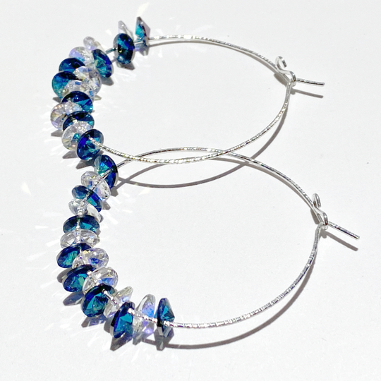 Argentium® Silver Crystal Cluster Hoop Earrings - Blue Iridescence
