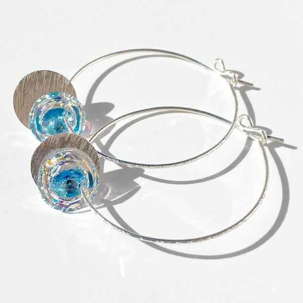Argentium® Silver Eye Catching Crystal Hoop Earrings Collection II - Aqua Color | Jewelry Made in California