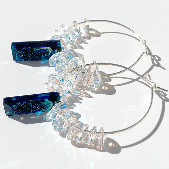 Argentium® Silver Blue Iridescent Princess Crystal Hoop Earrings | Jewelry Made in California
