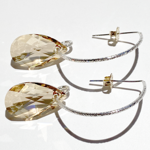 Elegant Hoop Argentium Silver Earrings - Ultra Large Golden Crystals