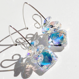Versatile Argentium Silver Scroll Design Princess Cluster Crystal Earrings - Iridescent