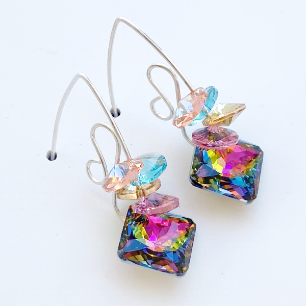 Versatile Argentium Silver Scroll Design Princess Cluster Crystal Earrings - Rainbow