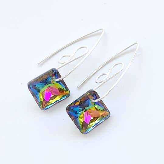 Small Argentium Silver Elegant Scroll Design Princess Crystal Earrings - Rainbow