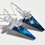 Versatile Argentium Silver Scroll Design Spike Cluster Crystal Earrings - Unique Blue