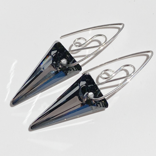 Versatile Argentium Silver Scroll Design Spike Cluster Crystal Earrings - Gray