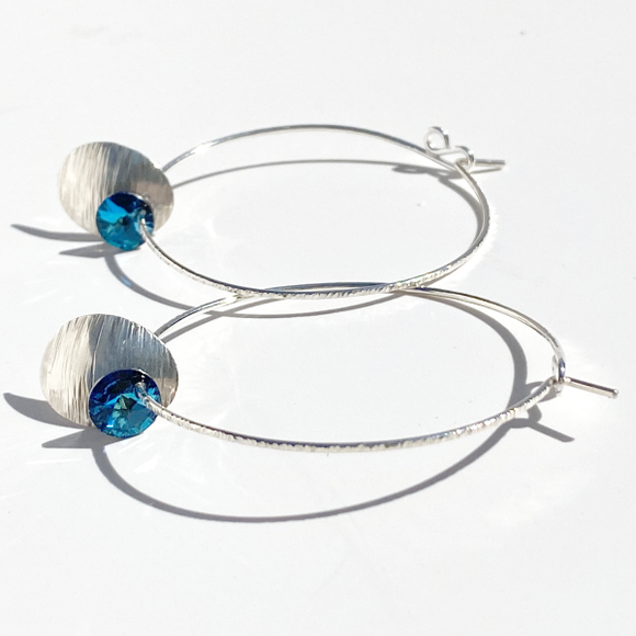 Argentium® Silver Blue Eye Catching Crystal Hoop Earrings Collection -