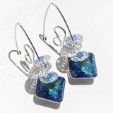 Versatile Argentium Silver Scroll Design Princess Cluster Crystal Earrings - Unique Blue