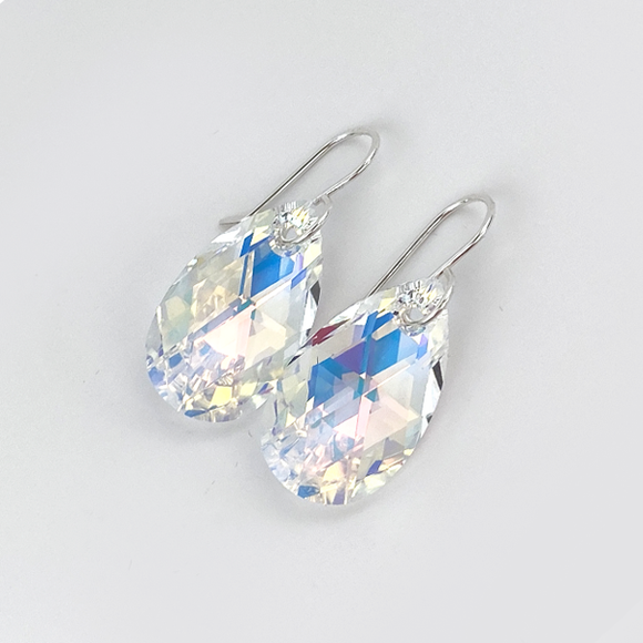Argentium® Silver Medium Pear Crystal Earrings- Yellow Iridescence