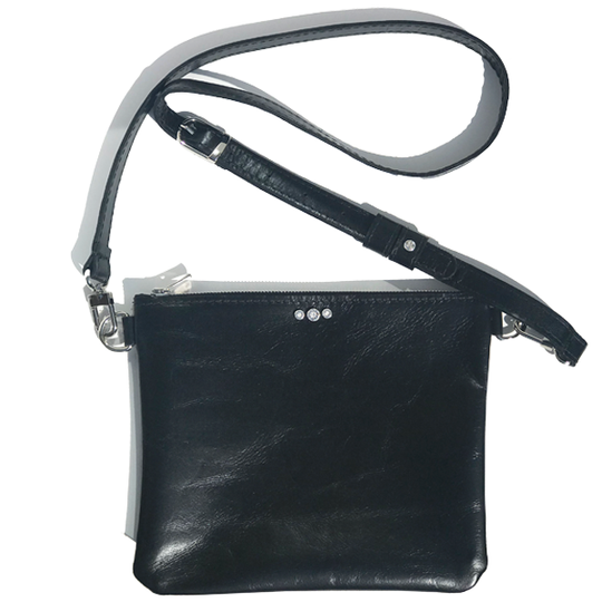 Black Italian Square Leather Adjustable Strap Bag – Clear Crystals (Bag 57)