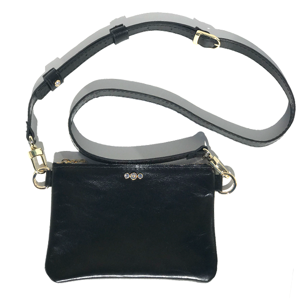 Black Italian Clutch Leather Adjustable Strap Bag – 4 Crystals (Bag 52)