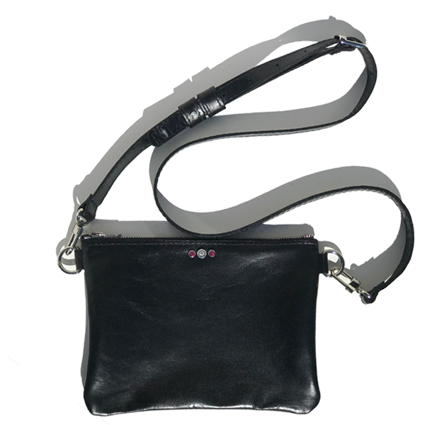 Black Italian Clutch Leather Adjustable Strap Bag – 4 Crystals (Bag 53)
