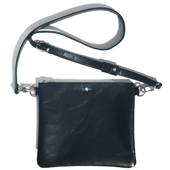 Black Italian Clutch Leather Adjustable Strap Bag – Blue and Clear Crystals (Bag 55)