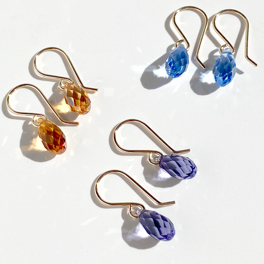 Dainty Elegance Collection - Briolette Crystal Earrings - Colors Sapphire, Purple and Orange Pink