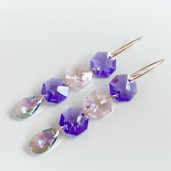 14k Rose Gold Regal Chandelier Drops - Pink with Purple Crystals