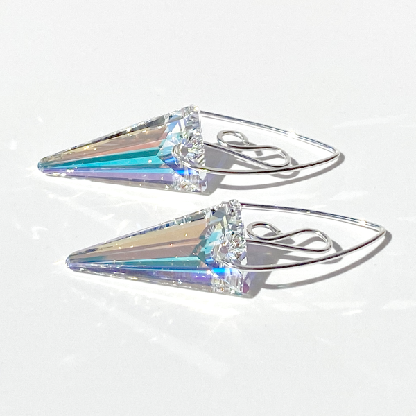 Versatile Argentium Silver Scroll Design Spike Cluster Crystal Earrings - Iridescent