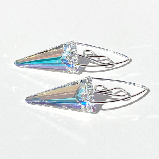 Versatile Argentium Silver Scroll Design Spike Cluster Crystal Earrings - Iridescent