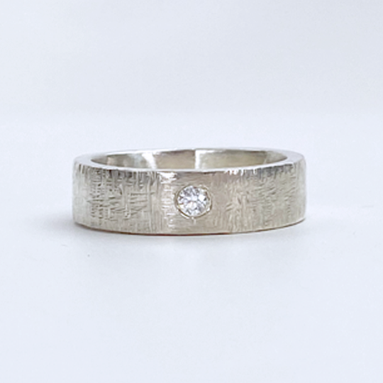 Sterling Silver Ring Wide Band - Silk Weave with Stone