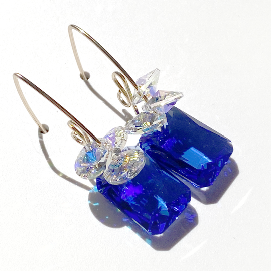 14k Gold Filled Elegant Scroll Emerald Cut Crystal Cluster Earring Collection - Sapphire