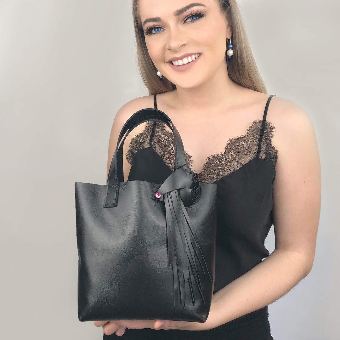 Italian Leather Tote 3 - Fringe Rose Crystal Design