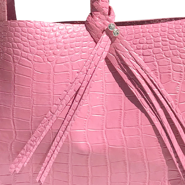 Large Pink Croc Leather Shopper Tote Bag 24