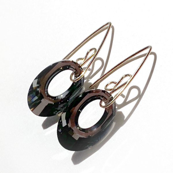 14k Gold Filled Classic Scroll Design Crystal Hoop Earrings - gray