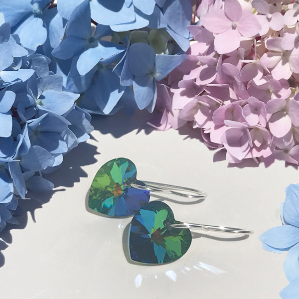 Crystal Heart Earrings - Green Shimmer