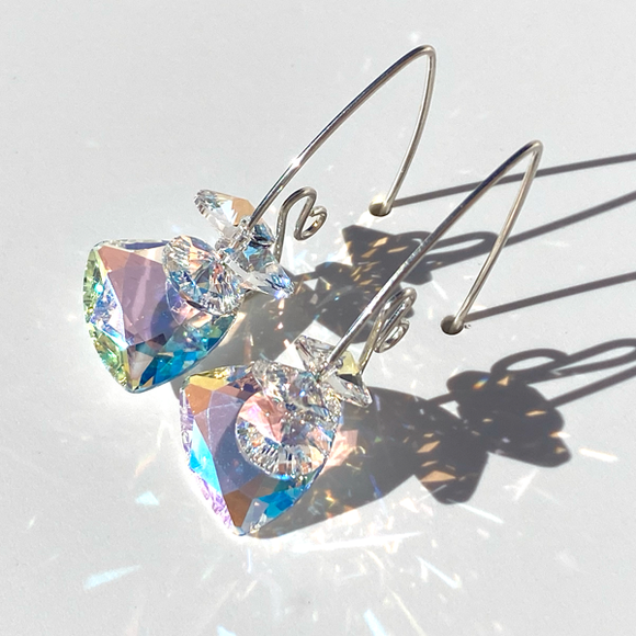 Argentium Silver Versatile Scroll Design Trilliant Cut Cluster Crystal Earrings - Blue Iridescence Color