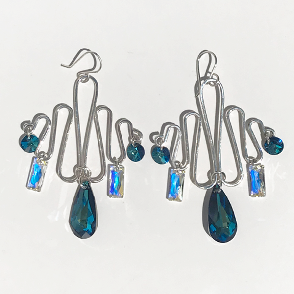 Sterling Sculpted Romantic Goddess Chandelier Earrings - Multi Color Crystals