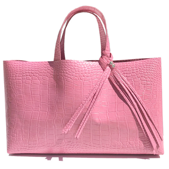 Large Pink Croc Leather Shopper Tote Bag 24