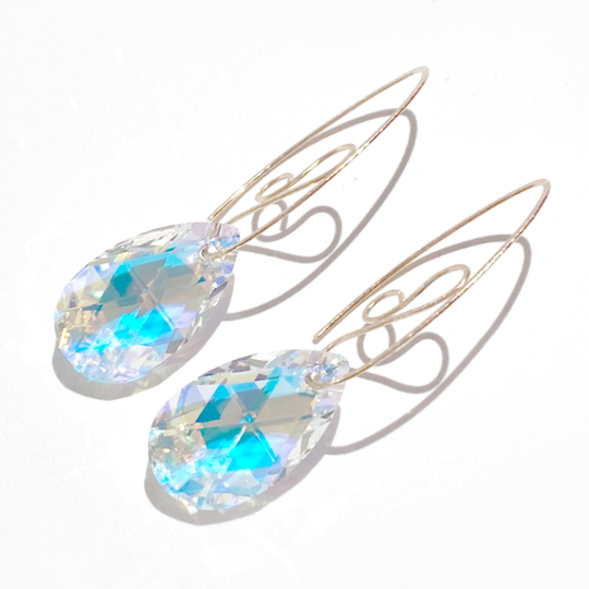 14 Karat Gold Textured Scroll Design Crystal Earrings  - Gold Silk