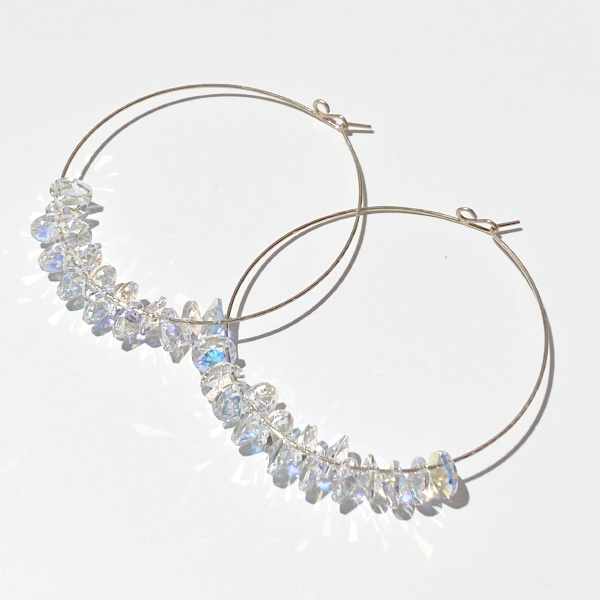 Versatile 14 Karat Gold Textured Large Hoop Crystal Earrings - Crystal Cluster
