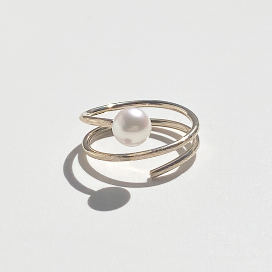 14 Karat Gold Akoya Pearl Elegance Ring - One of a Kind Long Spiral Style | Handmade by California Jewelry Artist Lisa Ramos