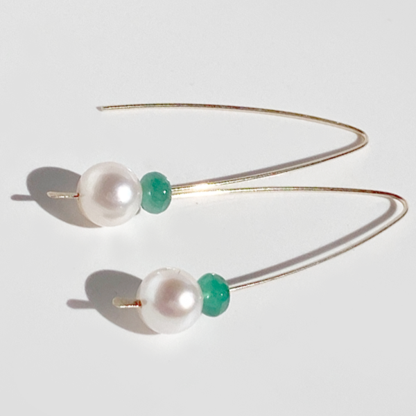 Minimal Elegance 14 Karat Gold Akoya Pearl Emerald Earrings | Jewelry Made in California