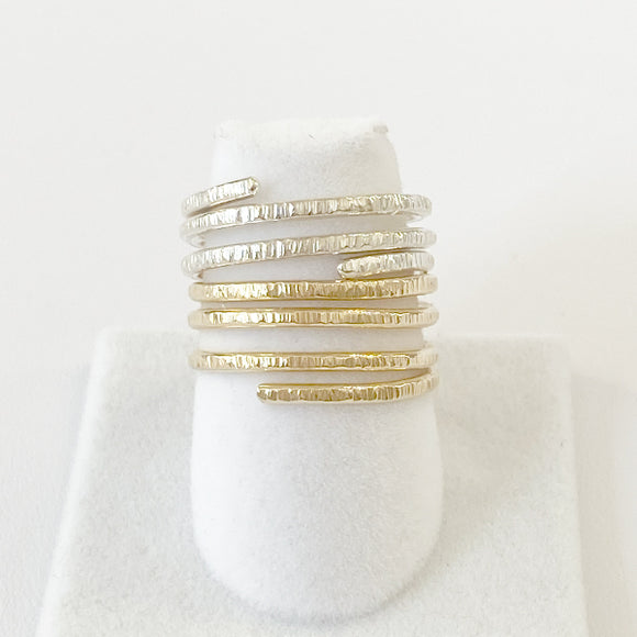 14 Karat Gold Textured and Argentium Silver Snake Ring Set - One of a Kind Elegance