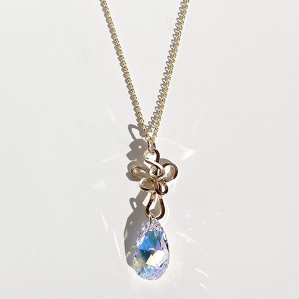 14k Gold Spiral Crystal Pendant Necklace Collection - Pear
