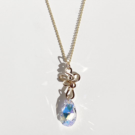 14k Gold Spiral Crystal Pendant Necklace Collection - Pear